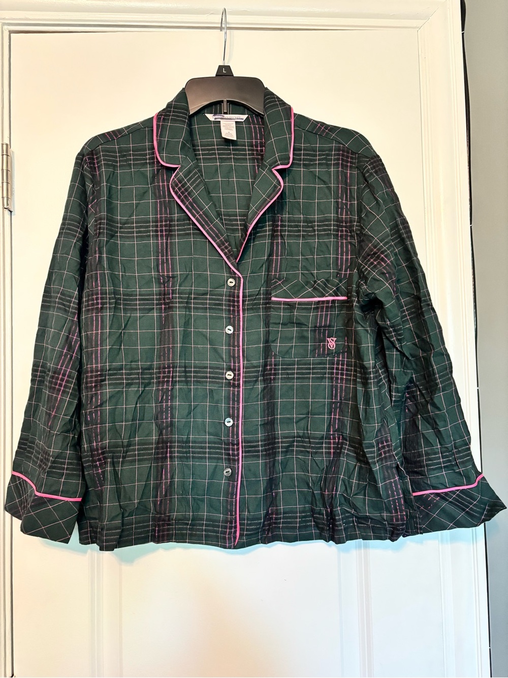 Victoria Secrete Green with Pink Plaid Stripes Button Up Sleep Top Size Medium